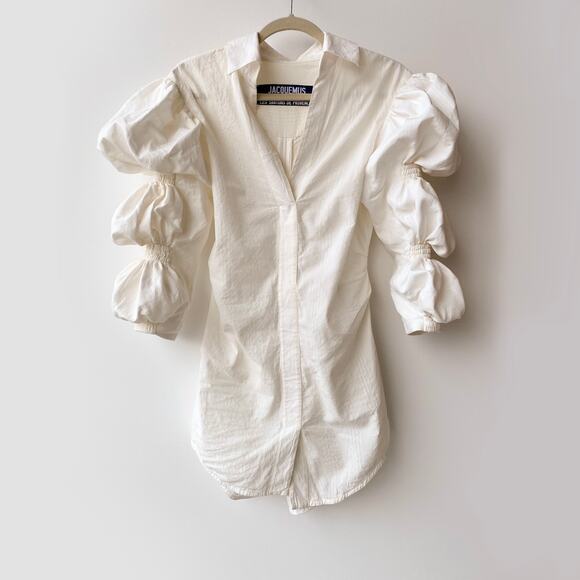 La Robe Santon by Jacquemus : Puff Sleeve Soeula Curved Hem Mini Dress : Sz 38 - Picture 3 of 16